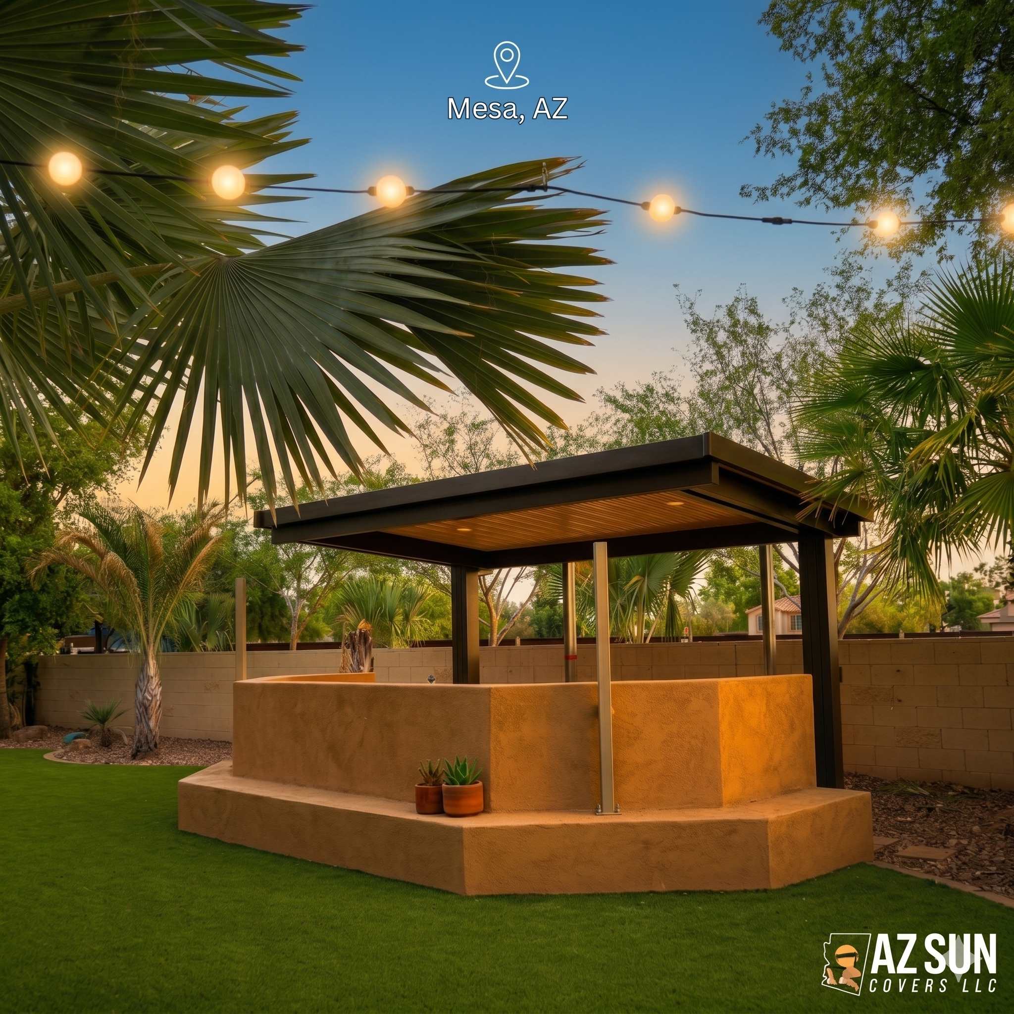 Solid patio cover over outdoor kitchen in Mesa at dusk