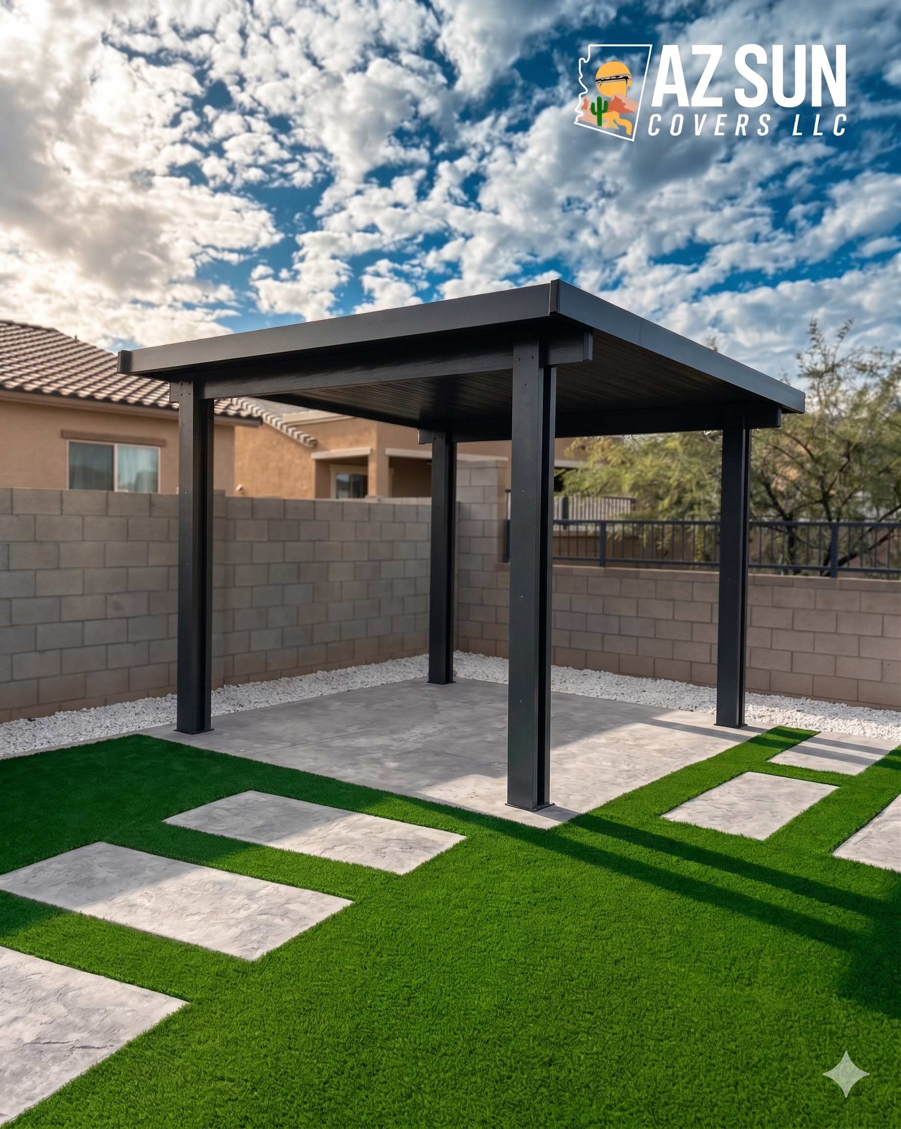 Dark freestanding solid cover with stepping stones and turf