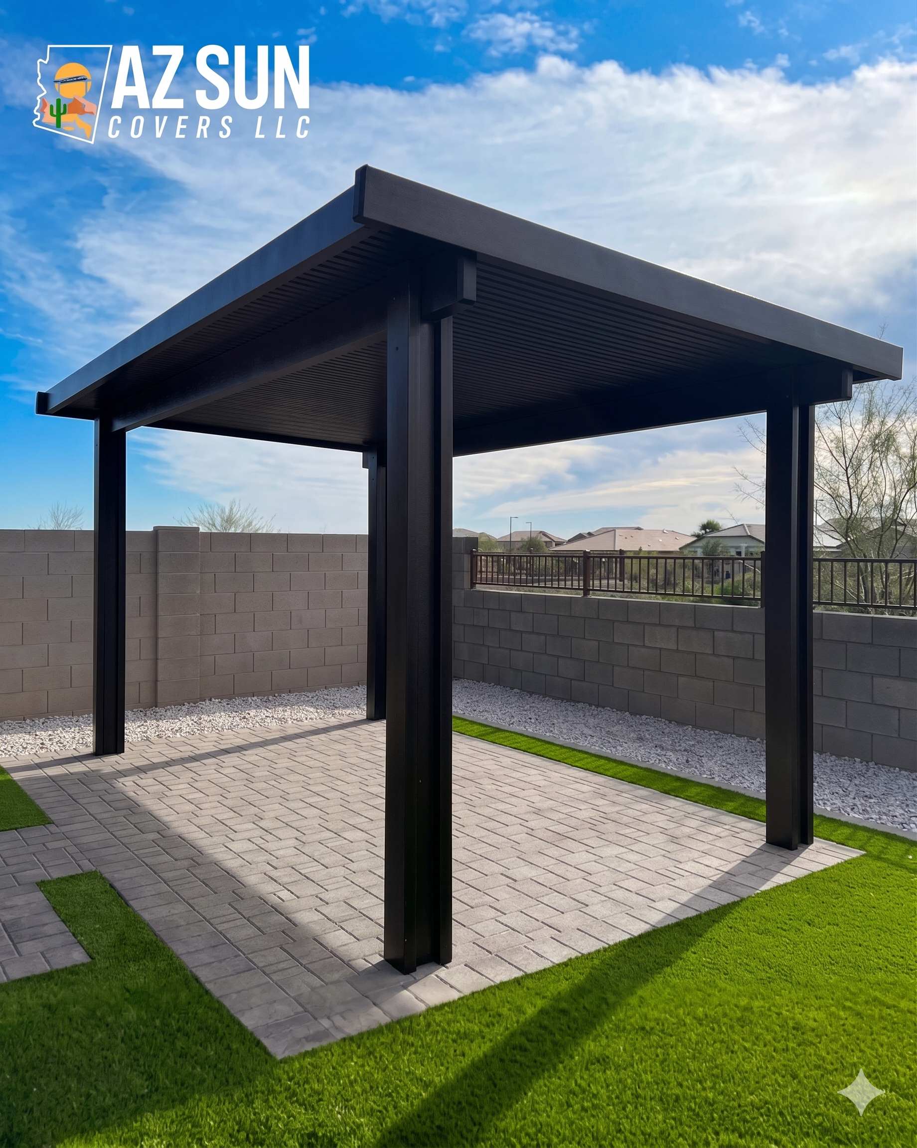 Dark freestanding solid cover on pavers with turf border