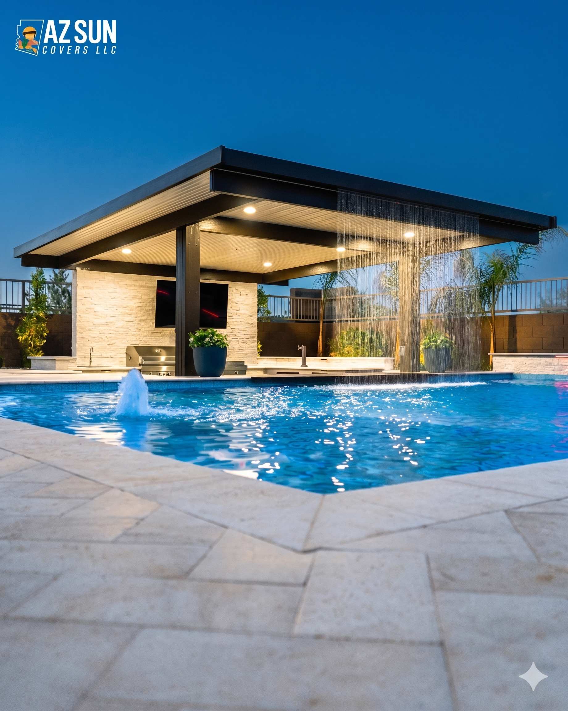 Luxury pool area with solid cover and water features