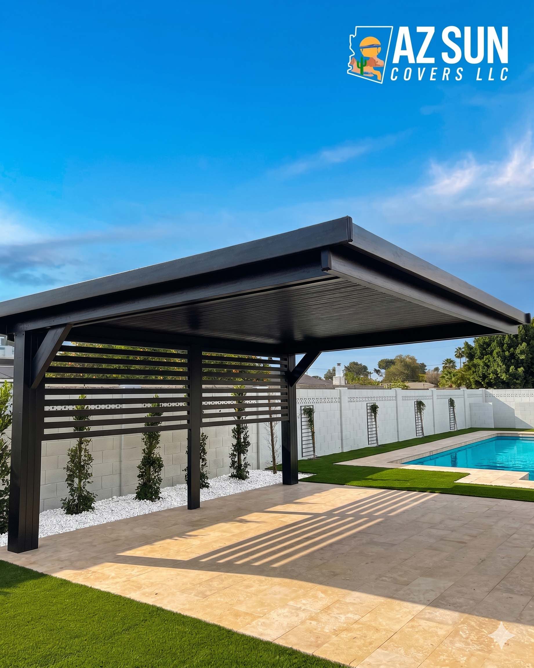 Dark solid cover with privacy screens by pool