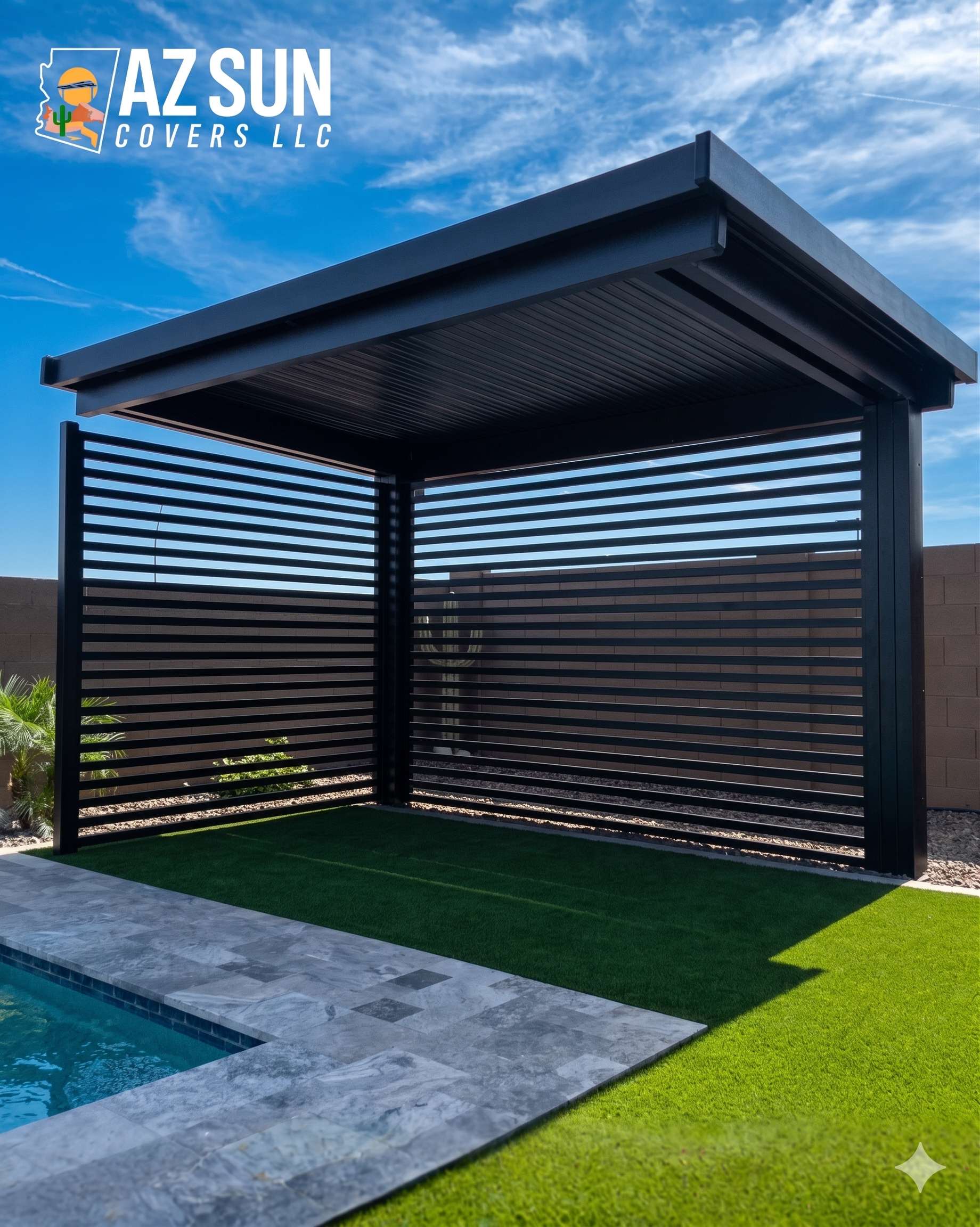 Dark solid cover with horizontal privacy screens