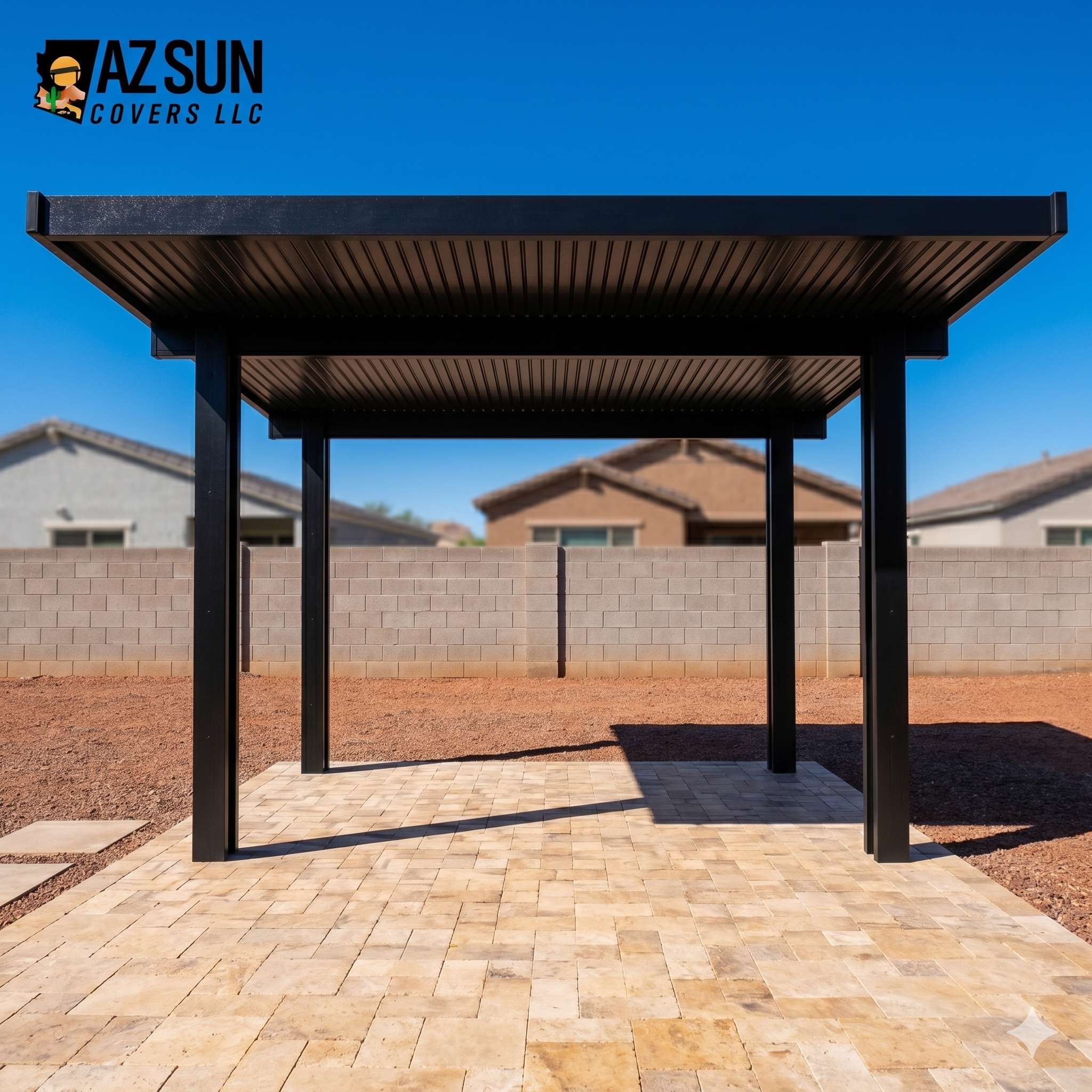 Dark solid cover on travertine pavers in desert yard