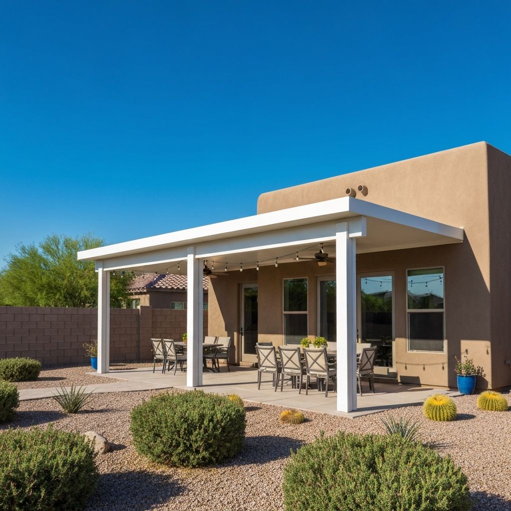White solid-roof patio cover with outdoor dining