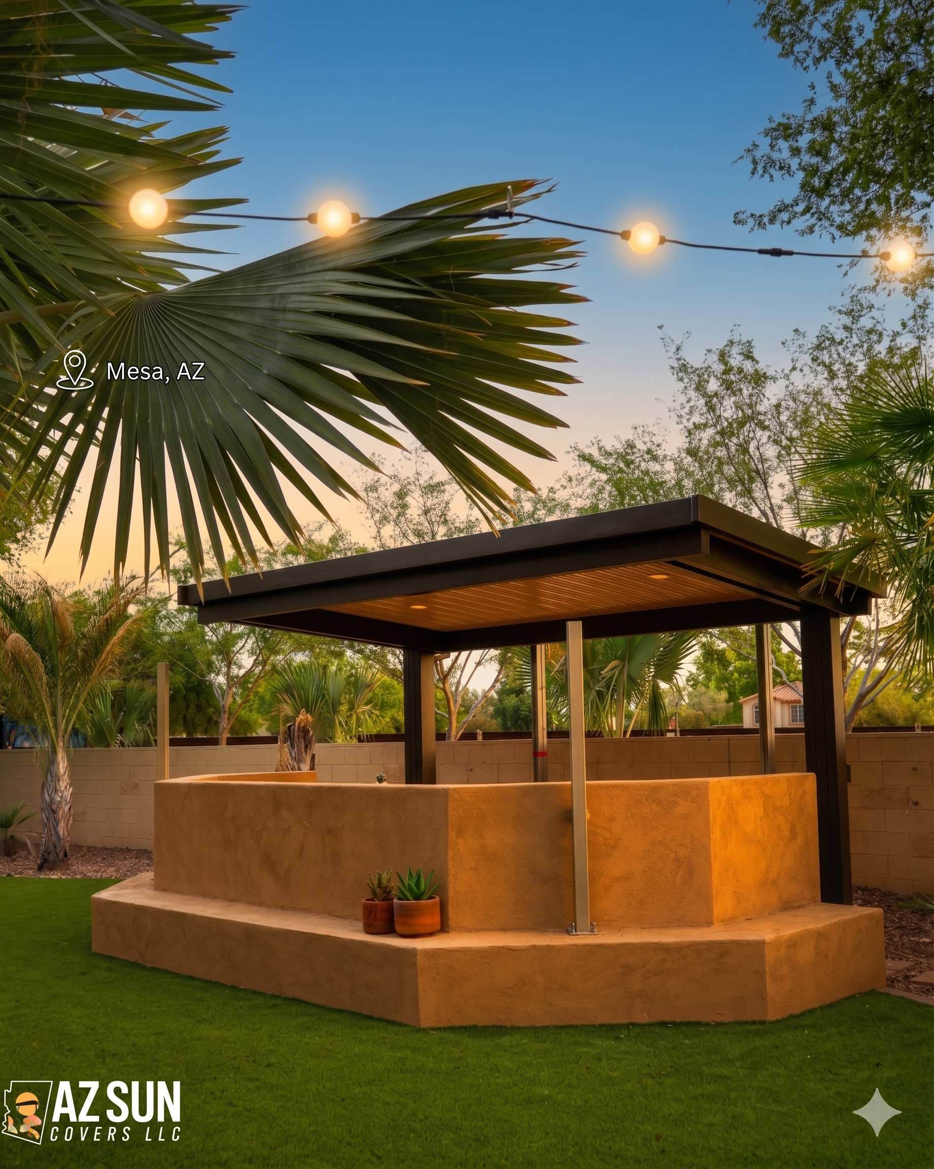 Solid patio cover over outdoor bar in Mesa at sunset