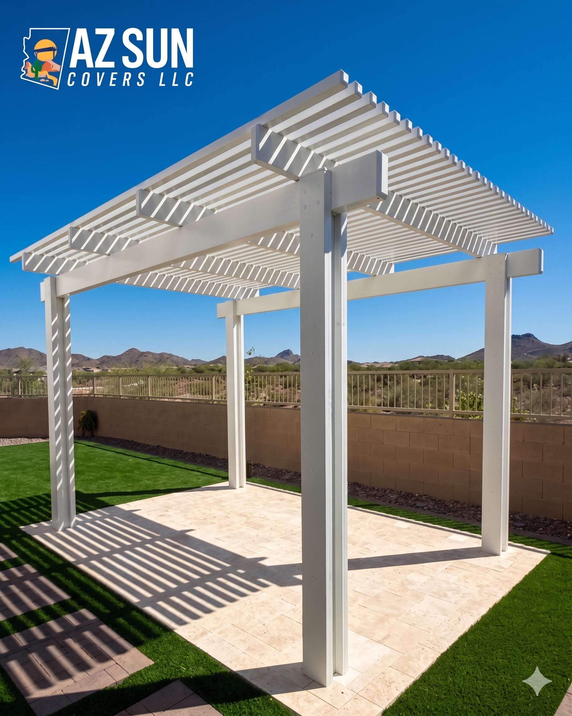 White freestanding lattice pergola with mountain views