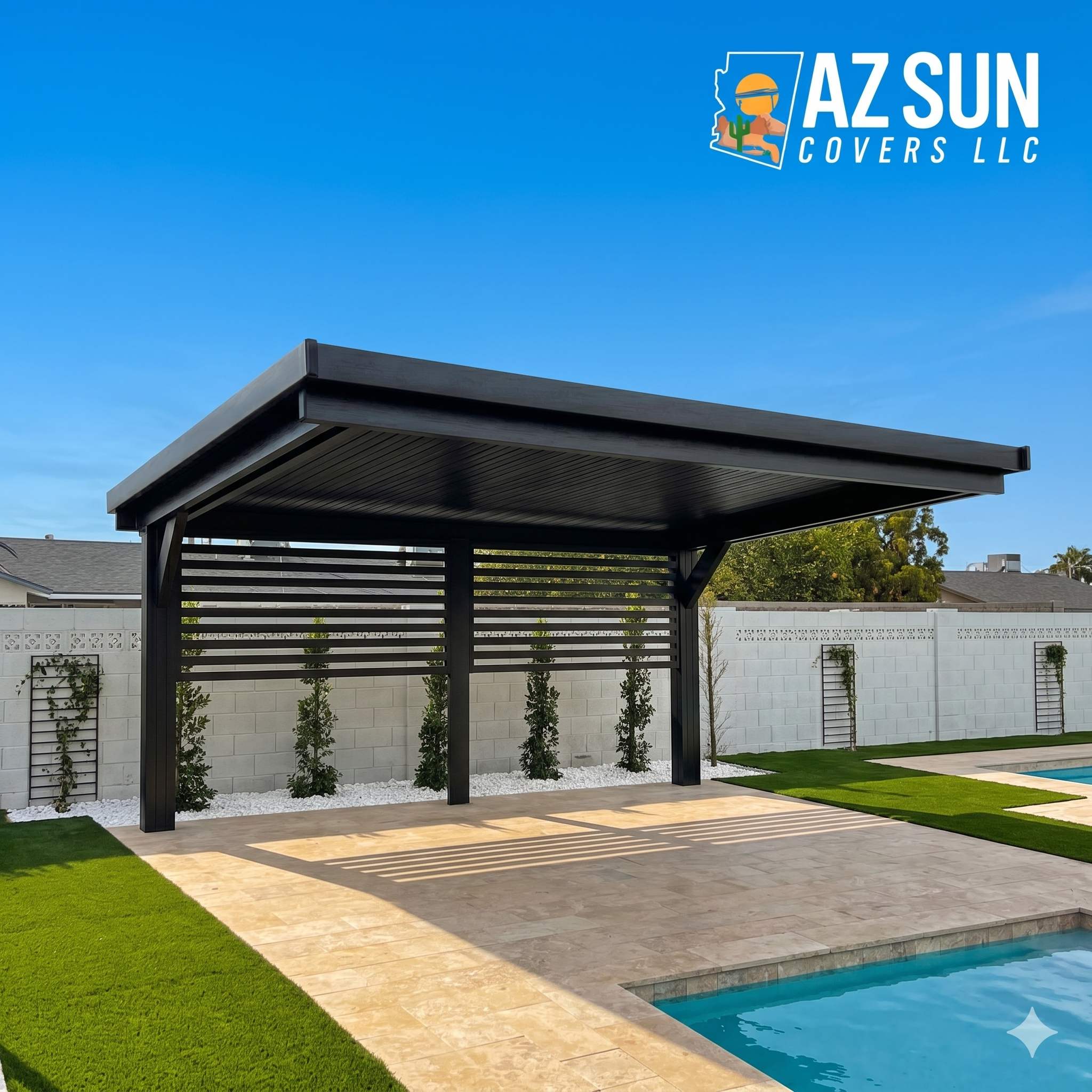 Dark solid cover with privacy screens by pool