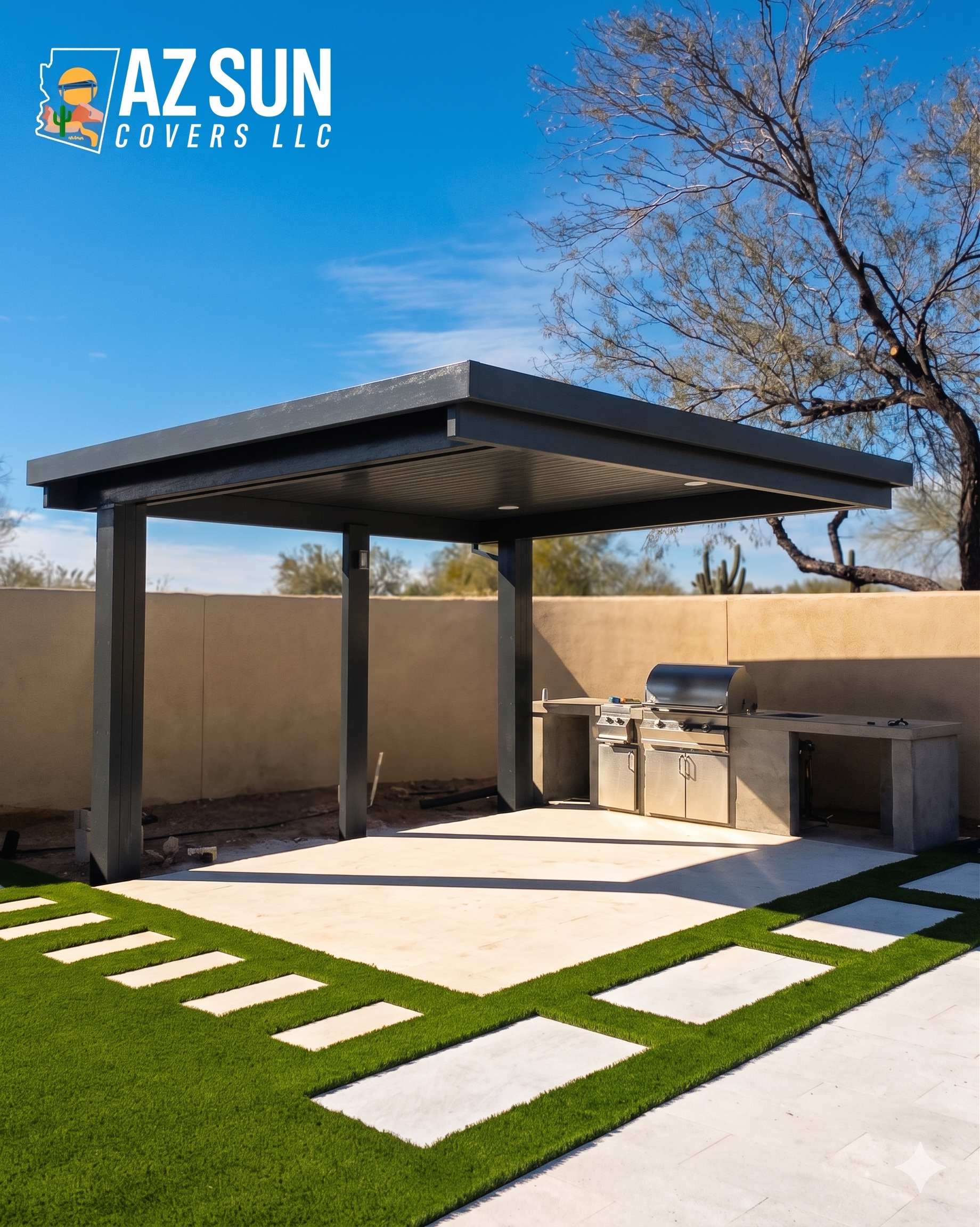 Dark gray solid cover over outdoor kitchen with turf