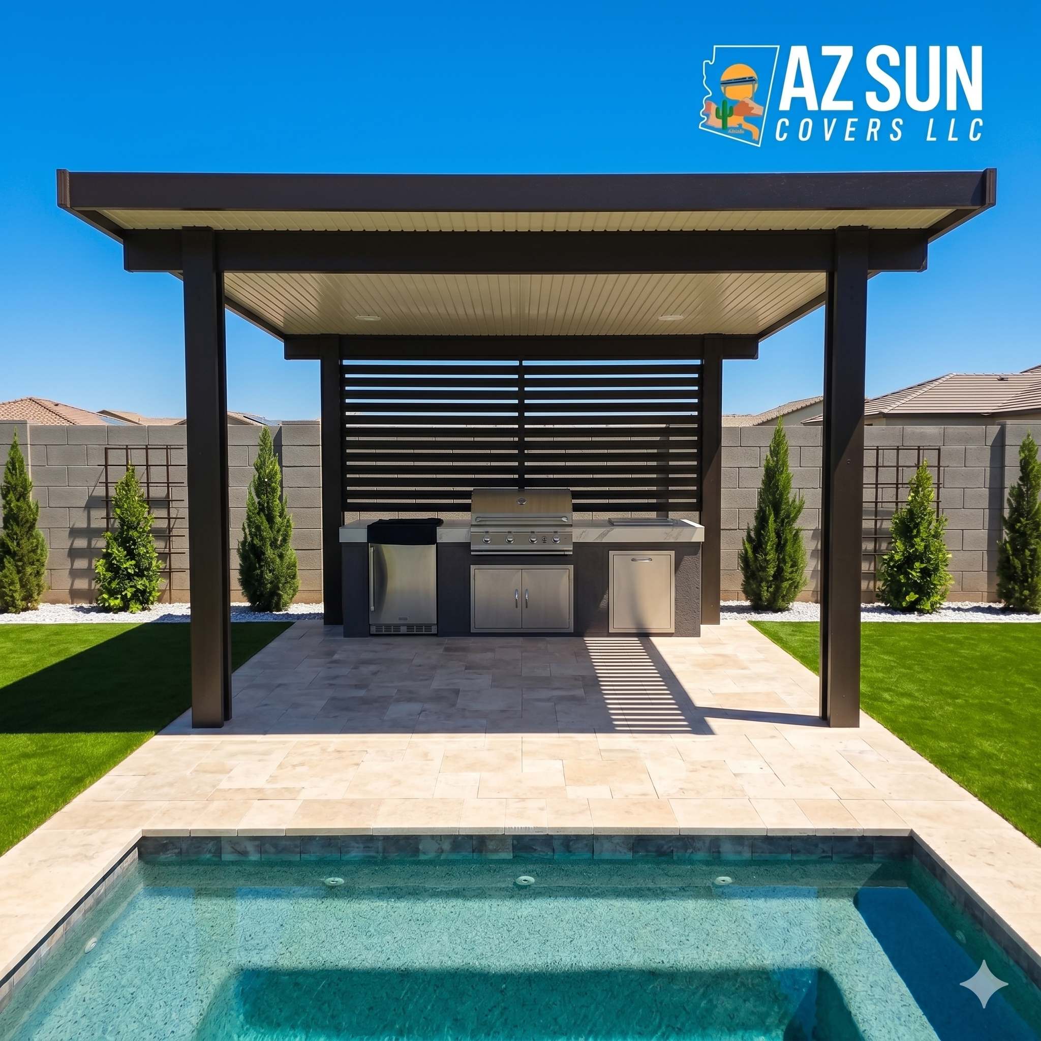 Dark solid cover with privacy screen over outdoor kitchen by pool