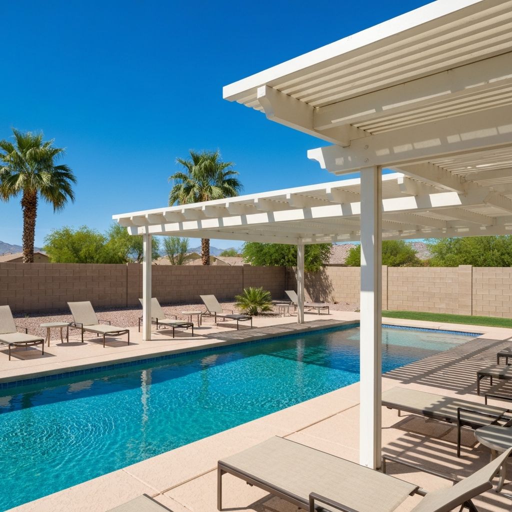 White lattice patio cover over pool area