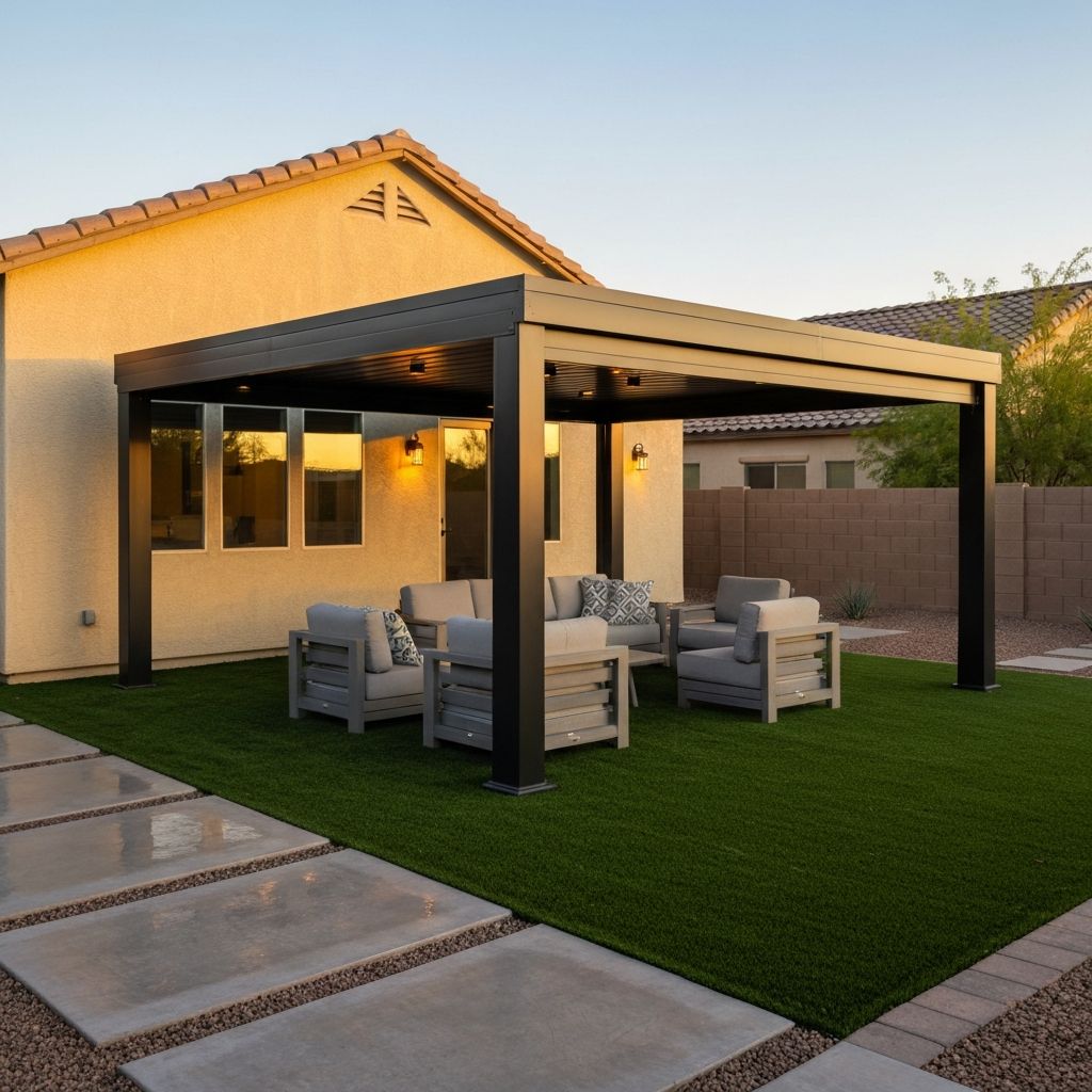 Modern solid-roof patio cover at golden hour